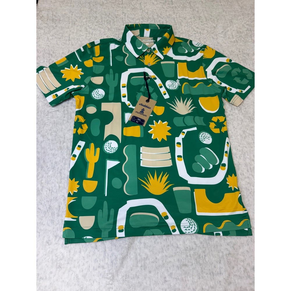 Chubbies Mens Small Green Abstract Golf‎ Print The Eco Swing Perf Polo Shirt NWT